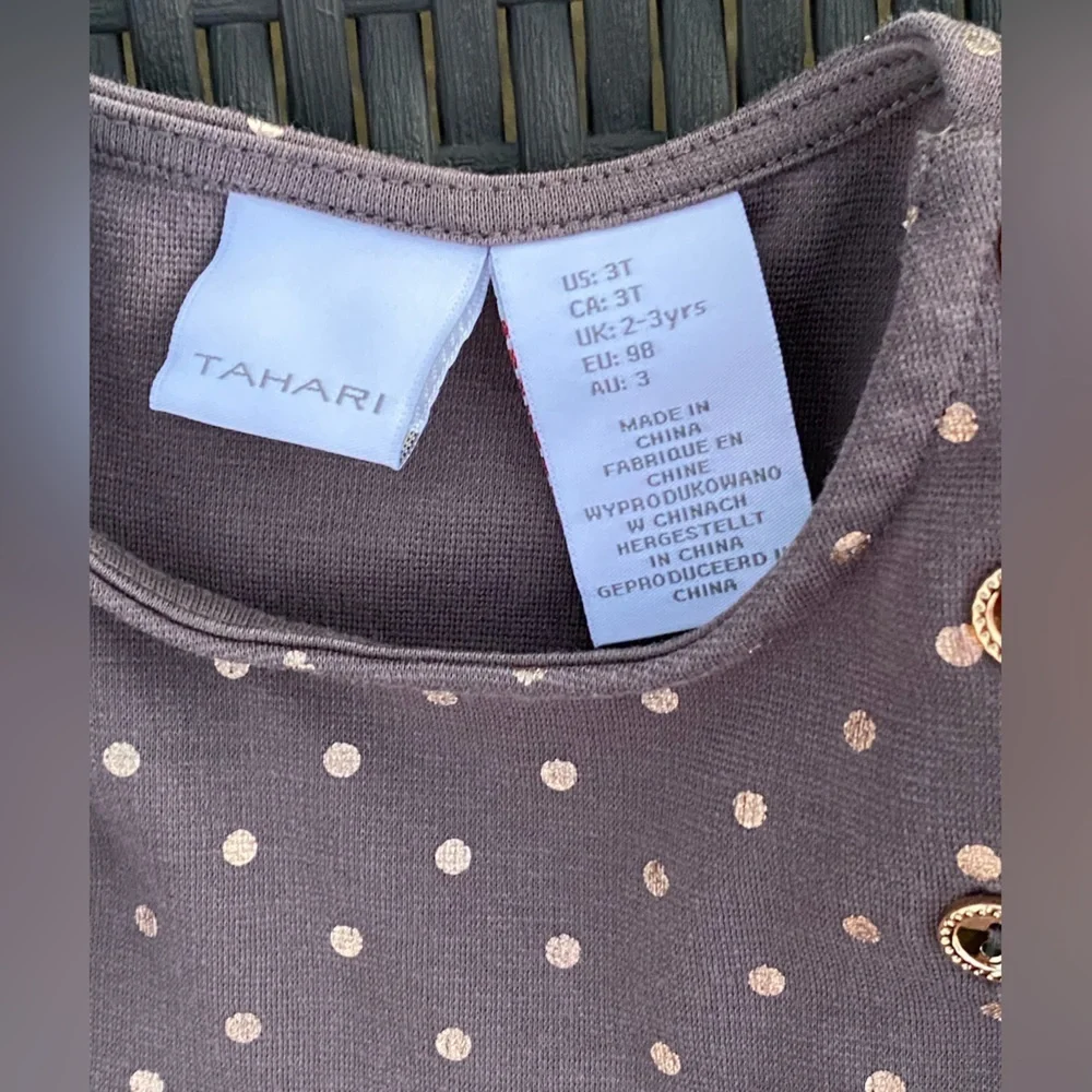 Tahari Girls Gray Gold Polka Dot Dress Size 3T